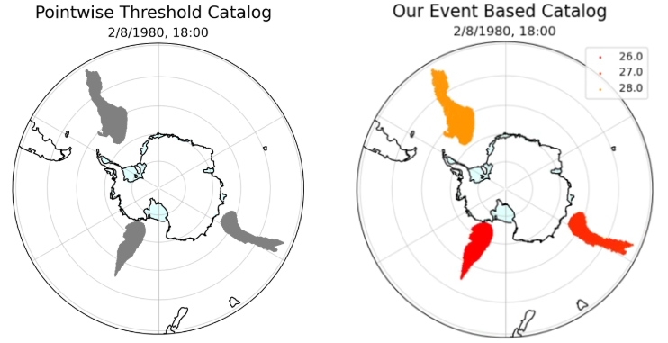 Results of spatial clustering step: previously unlabelled AR pixels are grouped together by proximity and given storm labels.