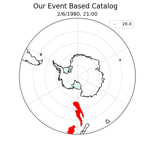 Results of spatiotemporal clustering step: storms identified spatially within each time step are stitched together across time, with storm labels carried accordingly.